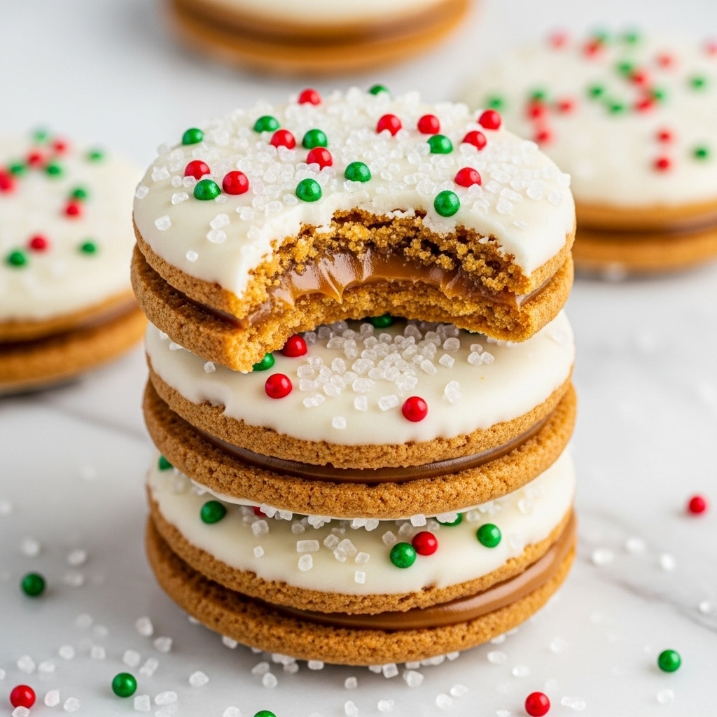 A close-up view of a stack of three round cookies with a golden-brown, crumbly texture. Each cookie is topped with smooth white icing decorated with small red and green round sprinkles and sprinkled with coarse white sugar crystals. The top cookie is bitten, revealing a soft, gooey caramel layer inside, sandwiched between the cookie bases. The stack sits on a white marbled surface, with scattered sugar crystals around it. photo taken with an iphone --ar 4:5 --v 7