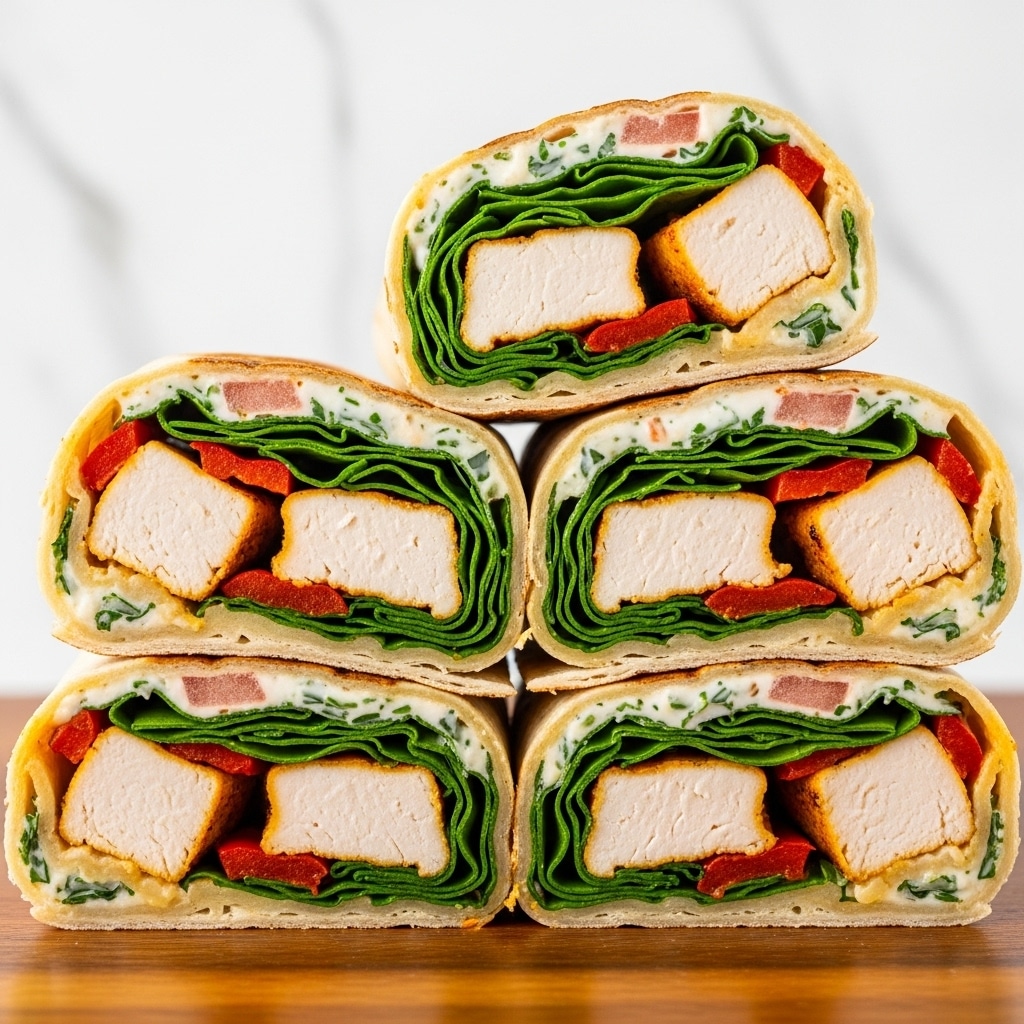 The image shows four grilled chicken wraps stacked on a wooden board, each cut in half to reveal the inside layers. The wraps have a slightly browned, soft tortilla outer layer. Inside, there are thick chunks of grilled chicken with a golden, slightly charred surface, fresh green spinach leaves providing a pop of color, and a creamy white sauce with visible herbs. There are also some red roasted pepper pieces adding a bright contrast. The layers are packed tightly, showing a balanced mix of textures and colors throughout each wrap. The background is a white marbled texture. Photo taken with an iphone --ar 4:5 --v 7