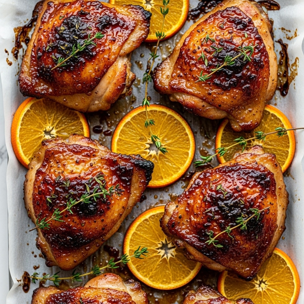 The image shows a close-up of six baked chicken thighs with a shiny, dark brown glaze, placed on a baking sheet lined with parchment paper. The chicken skin is crispy with some charred edges, reflecting a sticky texture. Between and under the chicken thighs, there are vibrant orange slices that are slightly browned and caramelized around the edges. Fresh green thyme sprigs are scattered on top, adding a touch of brightness and freshness to the dish. The background is a white marbled texture. Photo taken with an iphone --ar 4:5 --v 7