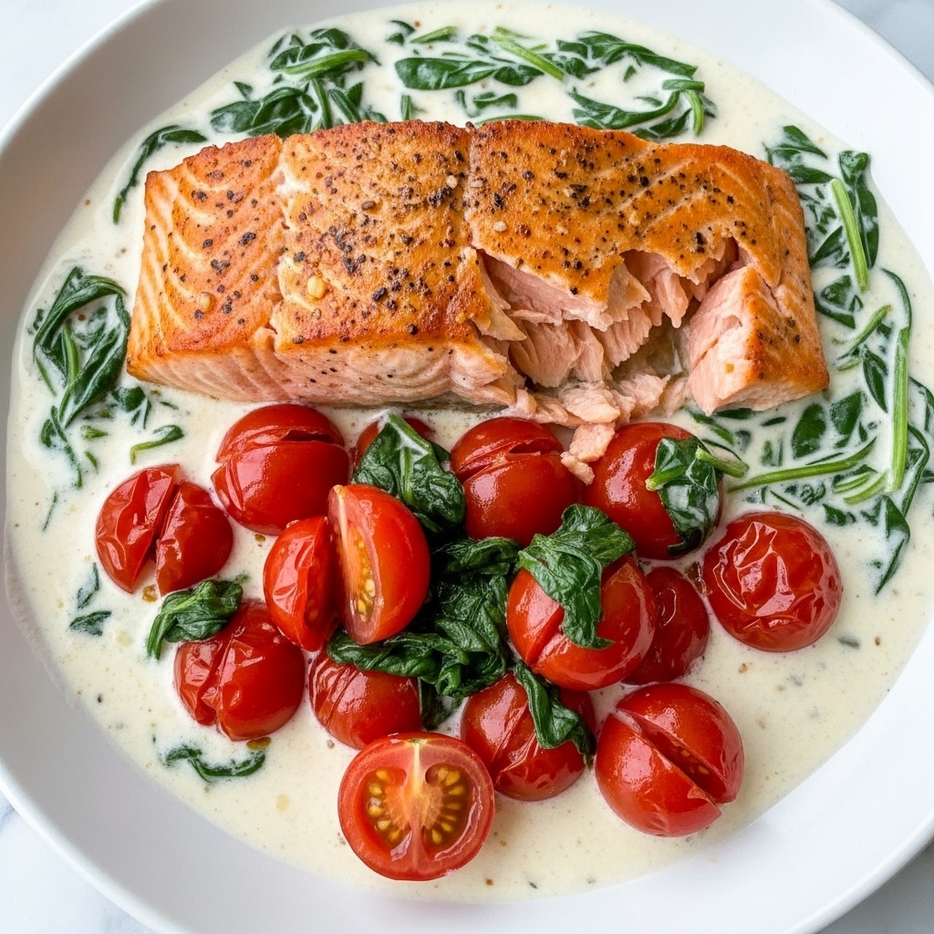 A close-up image shows a cooked salmon fillet with a slightly crispy orange-brown top layer, broken into sections to reveal a soft pink inside. The fillet is surrounded by a creamy white sauce with green spinach leaves mixed in. On the lower half, a group of bright red cherry tomatoes, some split open, are nestled in the sauce with bits of spinach. The dish is presented on a white plate set on a white marbled surface. photo taken with an iphone --ar 4:5 --v 7