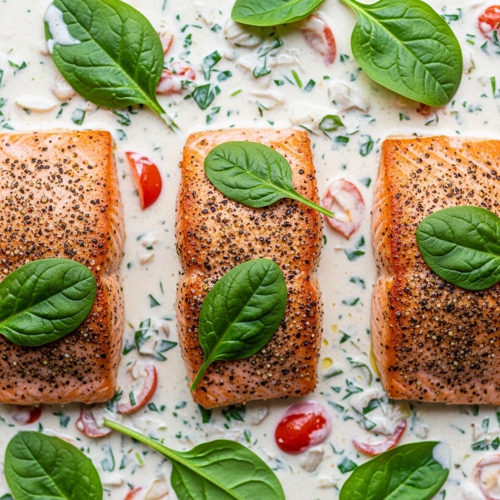 The image shows three cooked salmon fillets, each with a crispy golden-brown top layer seen from above. They are placed in a creamy white sauce with specks of green herbs and small pieces of red cherry tomatoes. There are bright green spinach leaves scattered on top and in the sauce, creating a fresh, colorful look. The sauce looks thick and rich, surrounding the salmon and filling the spaces between the pieces. The fillets have a slightly rough, textured surface with visible seasoning like black pepper. Photo taken with an iphone --ar 4:5 --v 7