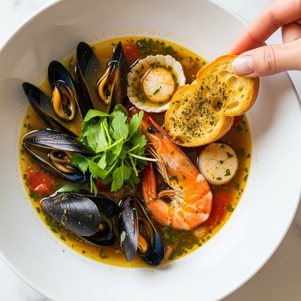 A deep white bowl filled with a seafood stew featuring a clear golden broth with herbs and small pieces of red tomato floating throughout. Inside the stew, there are several black mussel shells partially open, white scallops, and one pink shrimp with a slight sheen. Fresh green herbs are scattered on top, adding color contrast. On the right side, a woman's hand holds a piece of golden toasted bread sprinkled with dried herbs, dipping it into the stew. The bowl sits on a white marbled surface, giving a clean, bright background. Photo taken with an iphone --ar 4:5 --v 7