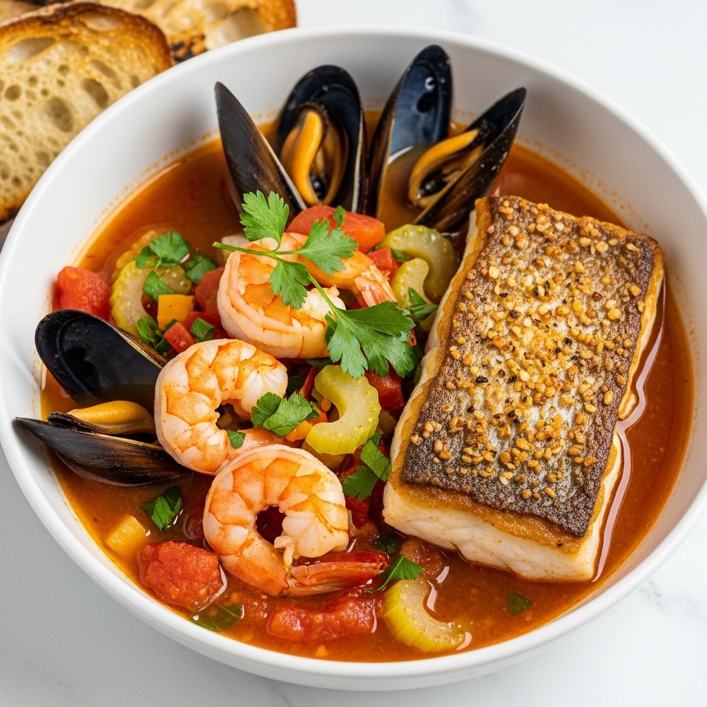 A large white pot filled with a seafood stew featuring layered shrimp with orange-pink shells, black mussels with open shells, and pale scallops, all floating in a rich, golden-orange broth speckled with green herbs and small red tomato pieces, with a silver ladle resting inside the pot. To the right, a wooden board holds a stack of toasted bread slices sprinkled with herbs. Around the pot on a white marbled surface are fresh bright green basil leaves, a bowl of fresh green parsley, halved yellow lemons, small red cherry tomatoes, and a small glass bowl of red chili flakes. A white cloth with black dots is bunched up on the upper left side. photo taken with an iphone --ar 4:5 --v 7