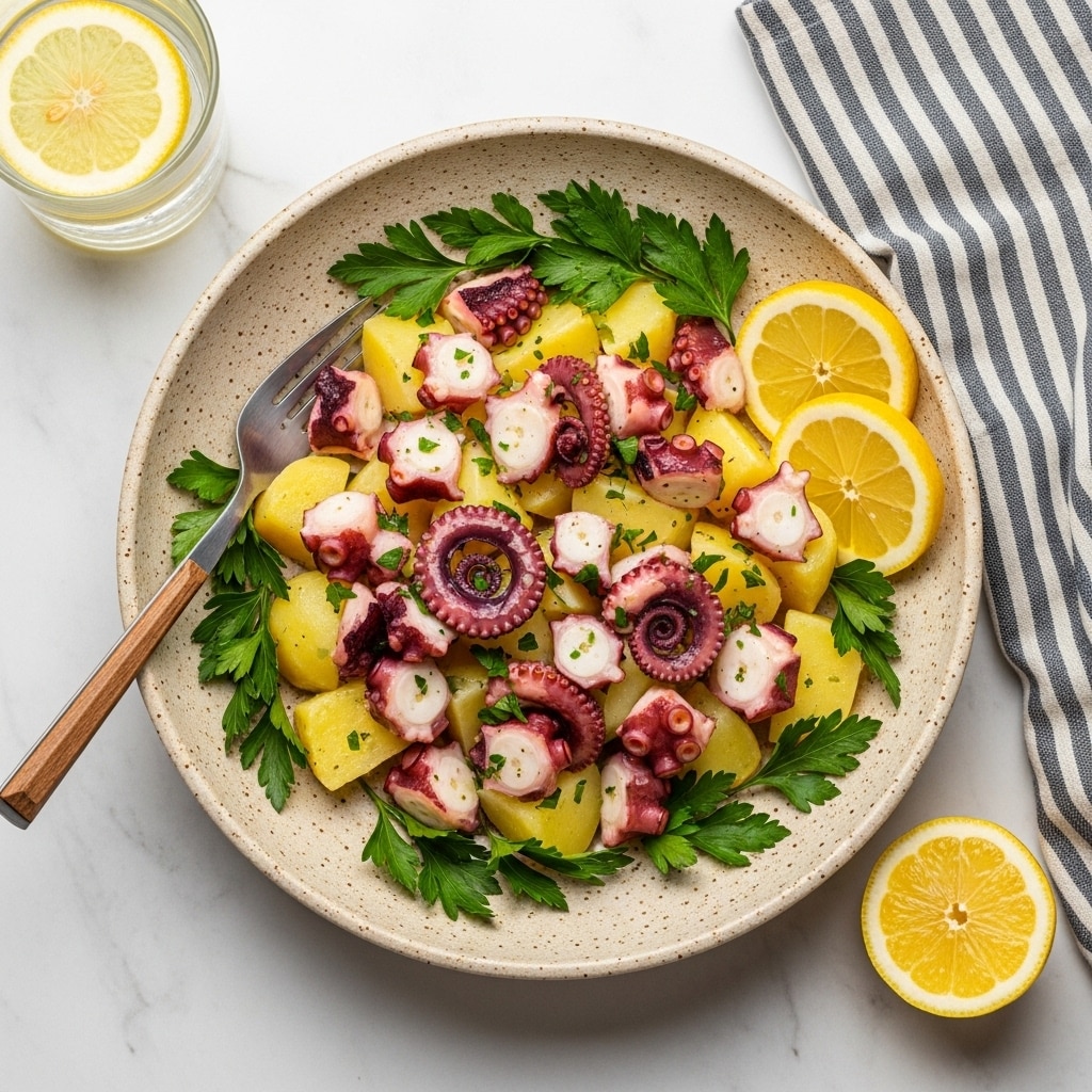 A large white speckled bowl sits on a white marbled surface, filled with a salad made of three layers: the bottom layer has soft yellow potato pieces cut into halves and quarters, mixed with bright green chopped herbs; the second layer features white and pink octopus chunks and tentacles scattered evenly over the potatoes; the top layer includes fresh green parsley leaves and four wedges of lemon placed around the edge of the bowl. Around the bowl, there is torn bread on a wooden board, a glass bottle of olive oil, salt in a small container, lemon wedges, and some parsley sprigs adding natural touches. photo taken with an iphone --ar 4:5 --v 7