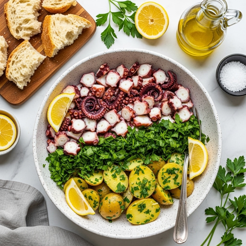 A natural beige speckled shallow bowl on a white marbled texture surface holds a dish made of two main layers: the first layer is a mix of yellow potato chunks and pinkish octopus pieces with purple edges, scattered evenly throughout. The second layer consists of green parsley leaves tucked around the food and two bright yellow lemon wedges placed on the side inside the bowl. A metal fork with a wooden handle rests partially inside the bowl, leaning on its edge. Nearby, a striped cloth sits on the white marbled texture, and a glass of water with lemon is placed on the top left. A single lemon wedge lies to the bottom right of the bowl. photo taken with an iphone --ar 4:5 --v 7
