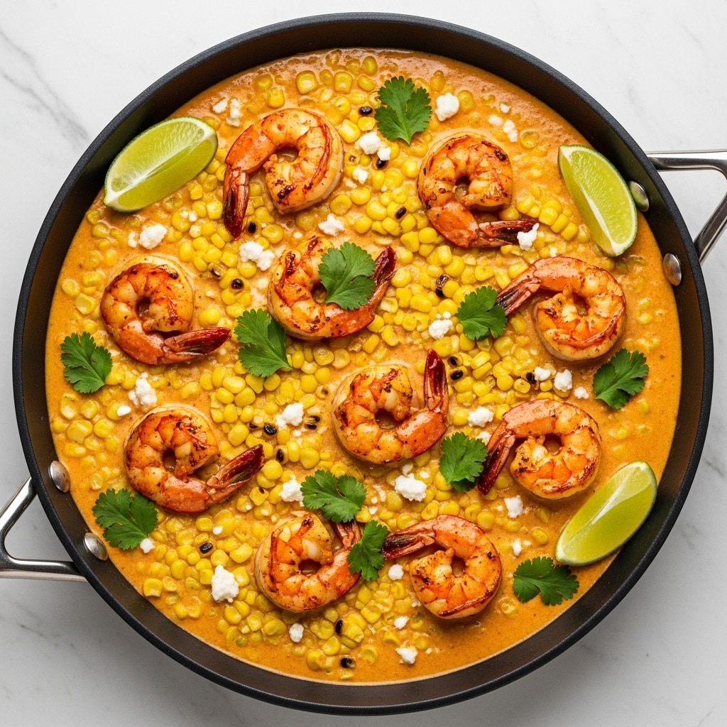 The image shows a black cast iron pan filled with a creamy orange sauce base, dotted with lightly charred bright yellow corn pieces. On top, there are evenly spaced, golden-brown cooked shrimp with a slightly crispy texture, each sprinkled with fresh green cilantro leaves. Several lime wedges with a juicy green color rest on the sauce, adding a fresh contrast. The pan sits on a white marbled surface with some cut lime pieces around and a small white bowl of fresh green cilantro on the side. Photo taken with an iphone --ar 4:5 --v 7