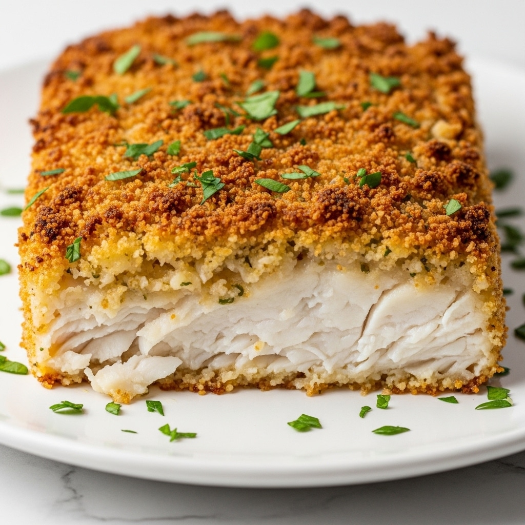 A close-up view of a thick, rectangular piece of golden brown, crispy crusted food, resting on a white plate with a white marbled surface under it. The top and sides are covered with a crunchy, browned layer sprinkled with small bright green herbs. The inside layer visible through the cut shows a soft, white, flaky texture. More chopped green herbs are scattered around the plate. Photo taken with an iphone --ar 4:5 --v 7