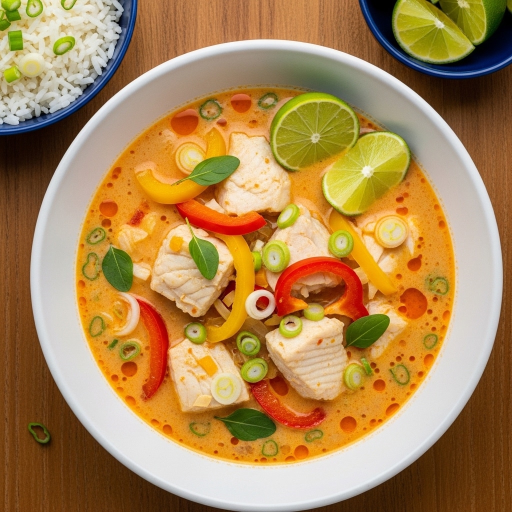 A white shallow bowl holds a rich, creamy orange soup with visible pieces of white fish, red bell pepper slices, and small yellow vegetable chunks floating in it. The surface is garnished with chopped green onions and fresh cilantro leaves scattered on top. Two small lime wedges rest on the edge of the soup near the center, adding a hint of green. In the background, blurred out, there is a white bowl with white rice topped with chopped green onions, and a small dark bowl with lime wedges visible on a white marbled surface. Photo taken with an iphone --ar 4:5 --v 7
