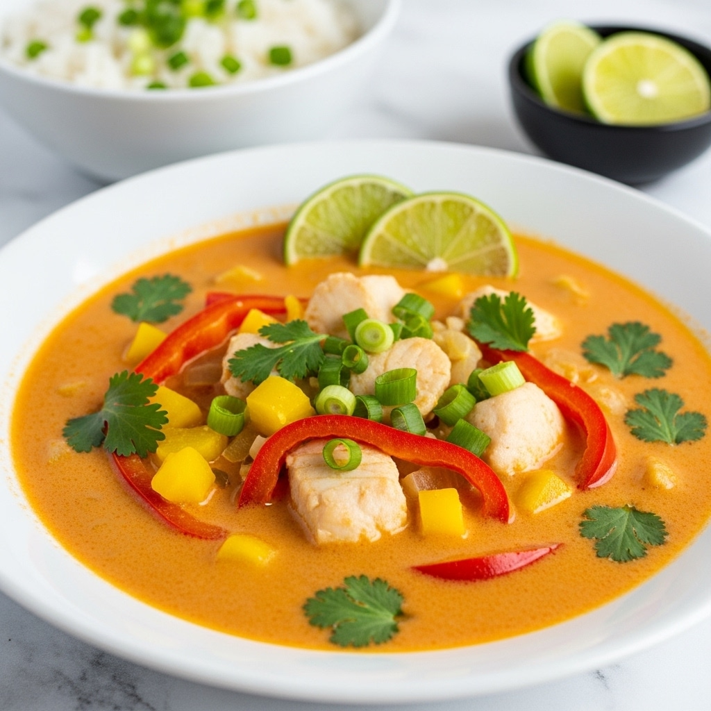 A white bowl filled with a creamy orange soup that has visible oily droplets on the surface, containing chunks of white fish, slices of red and yellow bell peppers, green onion rings, and small green herb leaves scattered throughout. Two lime wedges rest on top near the edge of the soup. The bowl sits on a wooden table, with a dark blue bowl of white rice garnished with green onions on the left edge and a small dark blue bowl with several lime wedges on the top right corner. photo taken with an iphone --ar 4:5 --v 7