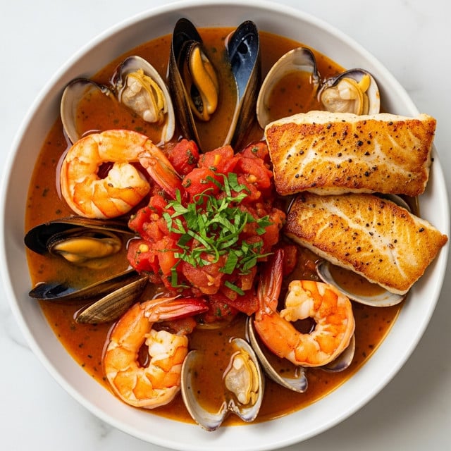 A white bowl filled with a vibrant seafood stew featuring several layers: the bottom layer is a rich, red-orange broth with chunks of tomatoes and herbs, topped with a mix of plump pink shrimp, black mussels with open shells, and a large piece of golden-brown grilled fish with a crispy, textured crust on one side, positioned to the right. Scattered green herbs, mainly parsley, add fresh pops of color on top. Pieces of sliced celery and small diced vegetables float throughout, adding more texture and color contrast. The bowl is placed on a white marbled surface with crusty toasted bread partly visible in the background. Photo taken with an iphone --ar 4:5 --v 7