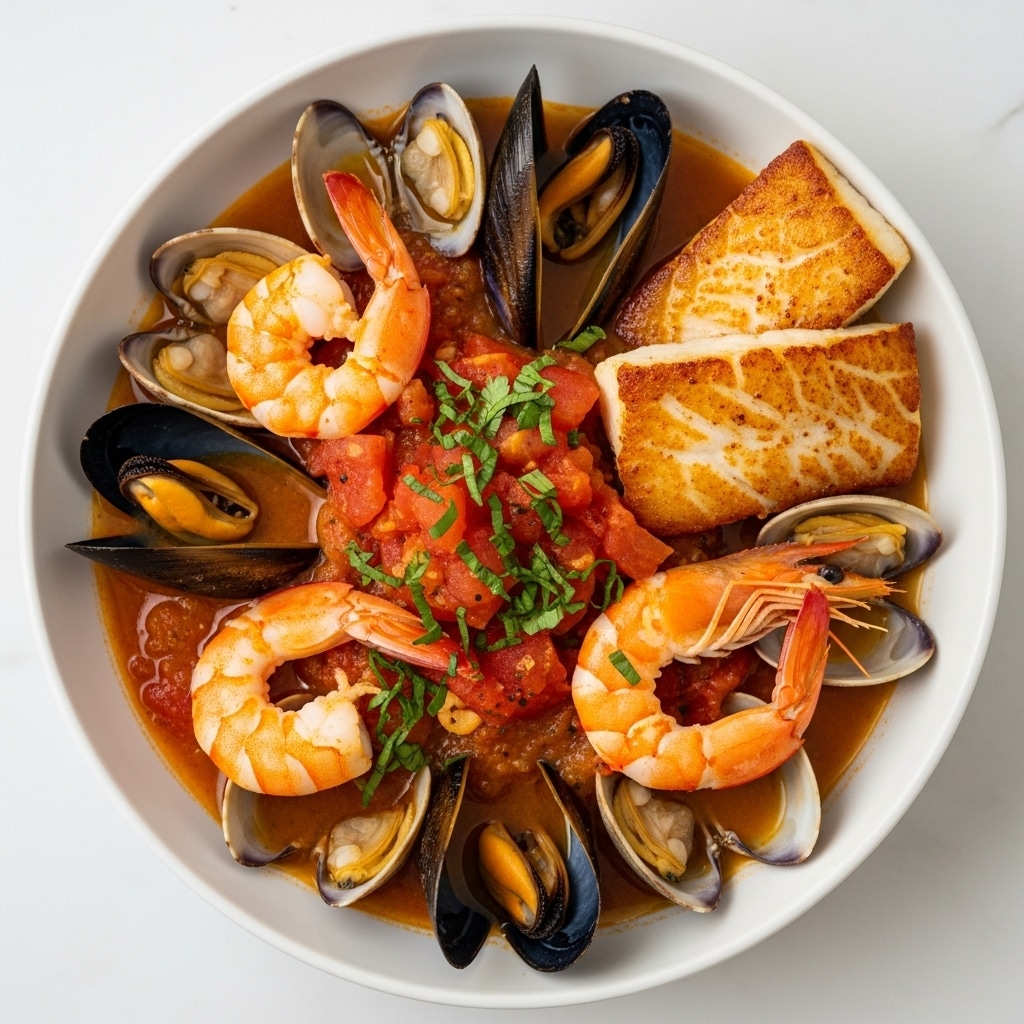 A white bowl filled with a rich orange-red seafood stew, layered with bright red tomato chunks and fresh green herbs on top. There are four large pink shrimp with curled tails placed evenly around the dish. Two black mussels, open to show their orange inside, and several small gray clams add contrast around the bowl's edge. Two golden brown, crispy rectangular pieces of seared fish sit on the right side, one flat on the surface and one leaning upright. The stew’s broth is thick and glossy with visible spice flecks, and the white bowl rests on a white marbled surface. photo taken with an iphone --ar 4:5 --v 7