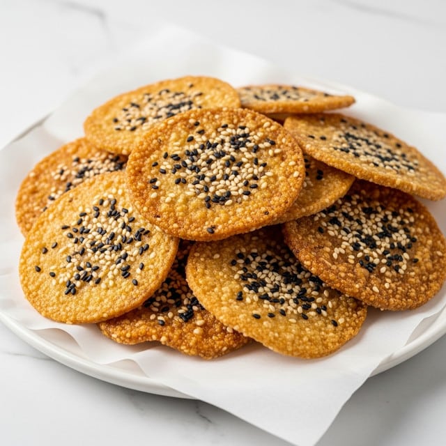 A pile of thin, round crispy snacks with a golden-brown color and slightly darker edges is placed on white parchment paper. Each chip shows a crunchy texture with a sprinkle of small black and white sesame seeds on top. The chips are stacked unevenly, creating a layered look with some chips overlapping at the center. They sit on a simple white plate with a clean white marbled surface in the background. photo taken with an iphone --ar 4:5 --v 7