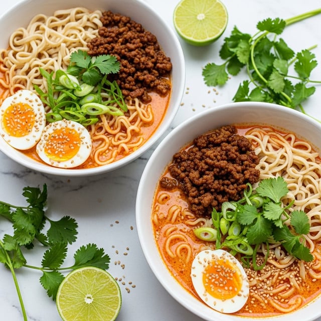 Two white bowls sit on a white marbled surface, filled with a creamy, orange-red soup. Each bowl holds wavy light beige noodles on one side, with fried brown ground meat piled in the center. Bright green sliced scallions and fresh cilantro leaves are scattered on top, adding green color and texture. Half of a soft-boiled egg with a shiny, golden yolk and white edges is placed near the front in each bowl, sprinkled with light brown sesame seeds. Around the bowls are lime halves and sprigs of fresh cilantro, with some sesame seeds scattered on the white marbled surface. photo taken with an iphone --ar 4:5 --v 7