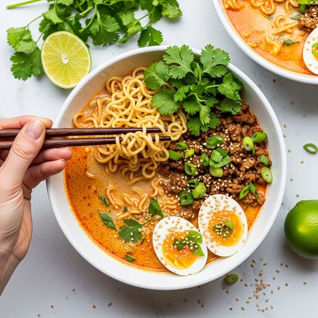 A white bowl filled with a rich orange-red creamy soup as the base with curly yellow noodles sitting above the broth on the left side. On the right side, there is browned minced meat and fresh green chopped spring onions scattered on top. Two halves of a soft boiled egg with a bright yellow yolk are placed near the bottom right, garnished with sesame seeds and small green herb leaves. A bunch of fresh cilantro leaves lay on the top center of the dish. A woman's hand holding dark wooden chopsticks is lifting some noodles from the bowl on the left side. The bowl is placed on a white marbled surface with fresh cilantro, a lime wedge, a whole lime and some scattered sesame seeds around it. A second similar bowl is partially visible in the top right corner. photo taken with an iphone --ar 4:5 --v 7