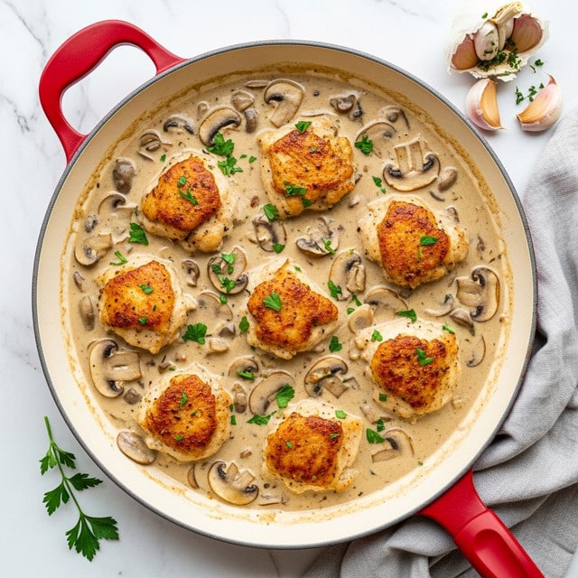 A pan filled with a creamy mushroom sauce with cooked chicken pieces scattered throughout. The chicken pieces are golden brown with a slightly crispy texture on the outside, sitting in a thick, light beige sauce mixed with whole and sliced brown mushrooms. Fresh green parsley is sprinkled over the top, adding a pop of color. The pan has a red handle and rests on a white marbled surface. Near the pan, there is a light grey cloth and some garlic cloves with green herbs. photo taken with an iphone --ar 4:5 --v 7
