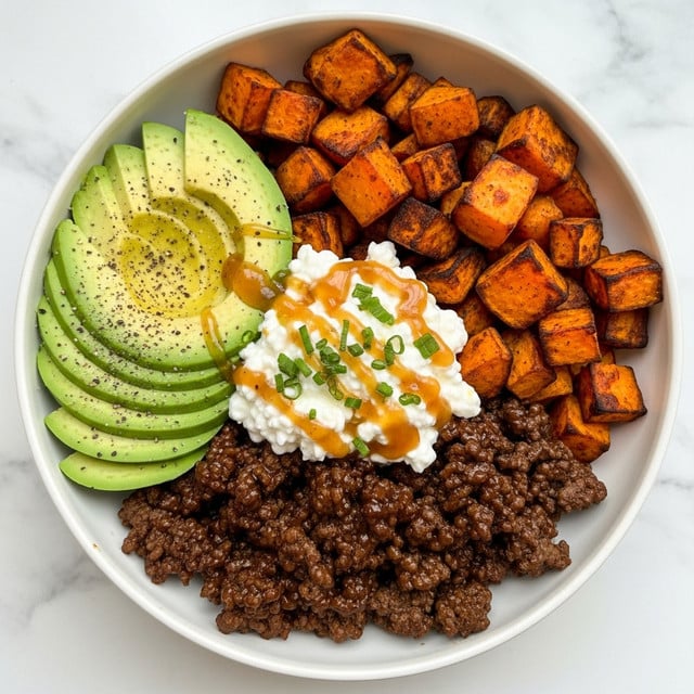 A white bowl filled with four main layers: on the left, several slices of bright green avocado sprinkled with black pepper; on the right, a generous pile of roasted sweet potato cubes with a slightly charred orange surface; at the bottom center, rich, dark brown cooked ground meat with a glossy texture; on top of the meat, a dollop of white cottage cheese drizzled with a shiny amber sauce and sprinkled with small green herb pieces, all set on a white marbled surface. photo taken with an iphone --ar 4:5 --v 7