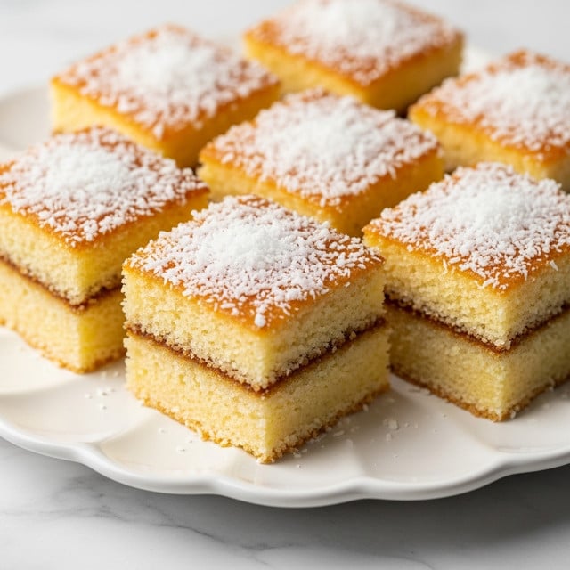 The image shows six small square cakes arranged closely on a white plate with a scalloped edge. Each cake has two layers: a thick, dense light yellow bottom layer with a soft texture, and a golden brown, crispy top layer sprinkled generously with shredded white coconut flakes. The cakes' edges are slightly browned and crisp, adding texture contrast. The plate rests on a clean white marbled surface, and the photo is taken up close, highlighting the moist and textured details of the cakes. Photo taken with an iphone --ar 4:5 --v 7