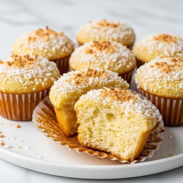 A close-up shows several small round cupcakes on a white plate, each cupcake with a golden brown top sprinkled with toasted white coconut flakes. One cupcake is broken open in the front, revealing a moist, soft, pale yellow inside with a fluffy texture. The cupcakes have a slightly browned edge around the base, contrasting with the light, moist middle and crisp coconut topping. The background features a white marbled surface. photo taken with an iphone --ar 4:5 --v 7