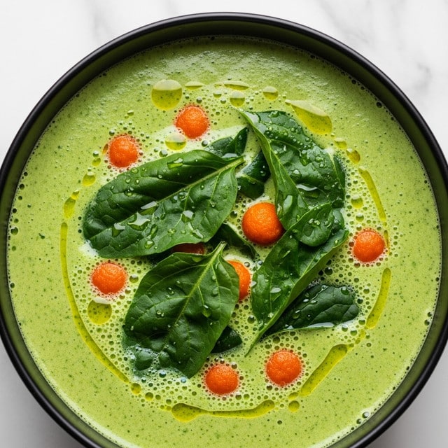 A close-up of a bowl filled with green soup that has a thick, slightly foamy texture covering the surface. Floating on top are several small round orange balls and large dark green leafy herbs scattered unevenly. The soup appears glossy with small droplets of oil shining under the light, and the bowl has a dark rim. The background is a white marbled texture. photo taken with an iphone --ar 4:5 --v 7