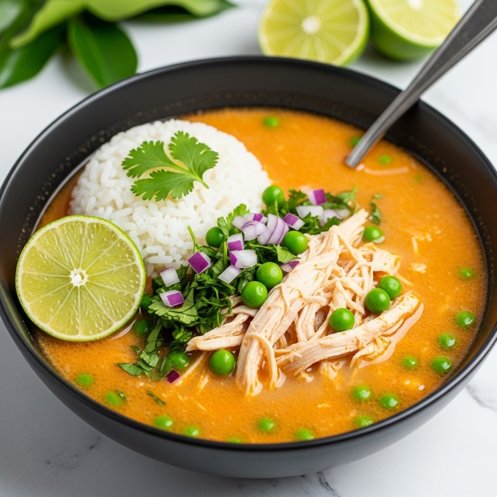 A black bowl filled with an orange-colored broth that has a creamy texture, layered with shredded white chicken pieces and green peas scattered throughout. On one side of the bowl, there is a mound of fluffy white rice topped with a few green cilantro leaves. Next to the rice, a half green lime sits upright, showing its juicy interior. Finely chopped green herbs and small pieces of red onion are mixed in the soup, adding splashes of green and purple. A silver spoon is partially submerged in the broth near the back of the bowl. The bowl rests on a white marbled surface with blurred green leaves and lime halves in the background. photo taken with an iphone --ar 4:5 --v 7