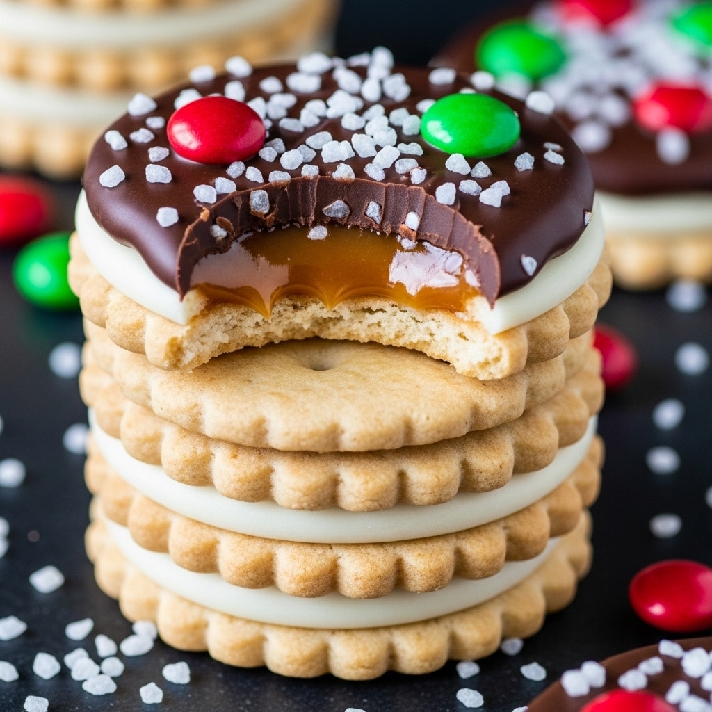 A close-up view of a stack of four round beige cookies with scalloped edges, each cookie separated by a smooth white icing layer. The top cookie is bitten into, revealing a middle layer of shiny golden caramel beneath a thick, smooth dark chocolate layer. The chocolate layer is decorated with scattered coarse white sugar crystals and small round red and green candy balls. The stack sits on a dark surface with scattered white sugar crystals around. photo taken with an iphone --ar 4:5 --v 7