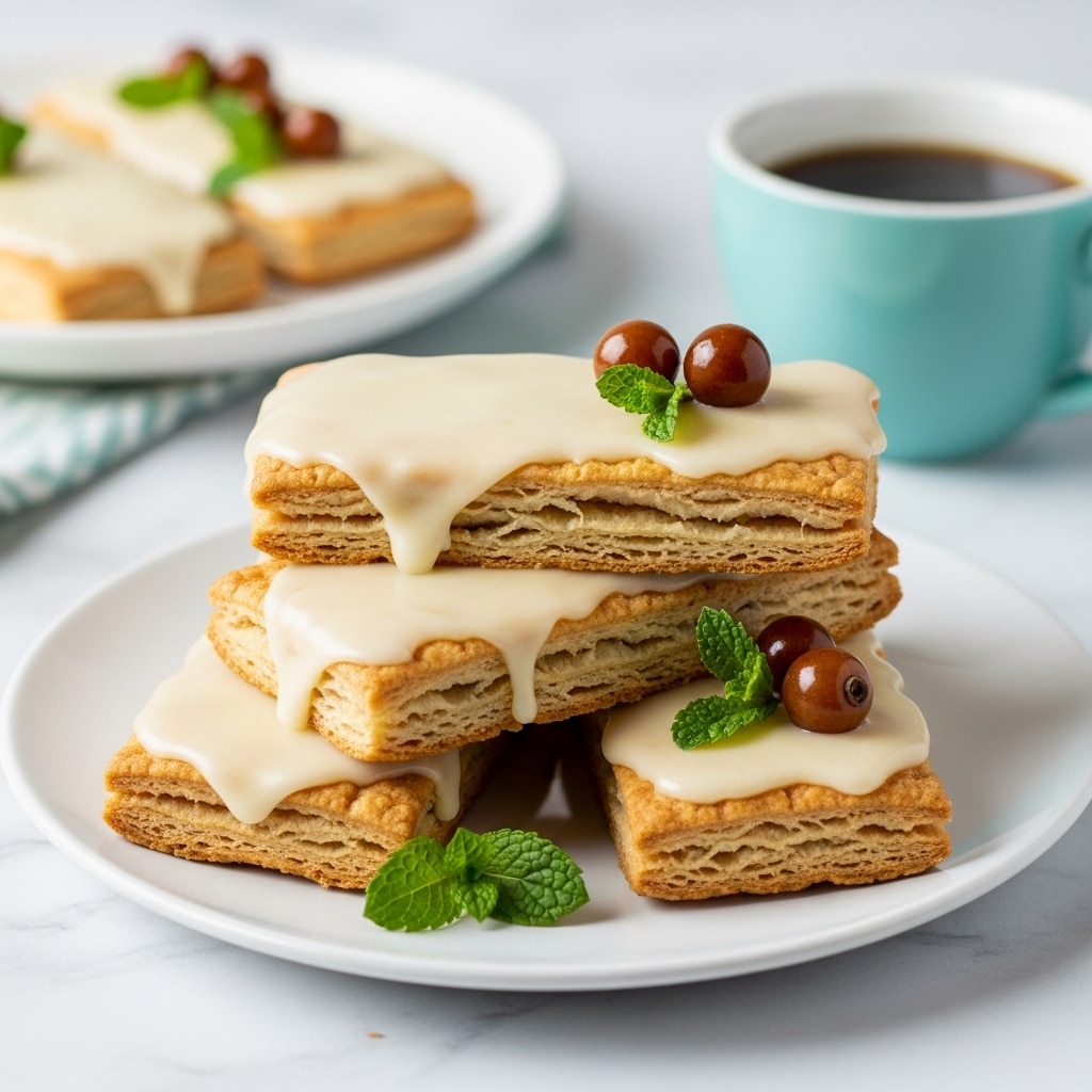 Three rectangular pastries are stacked on a white plate, each with a golden-brown, crispy texture. The top layer of each pastry is covered with smooth, creamy white icing that drips slightly down the sides. Small green mint leaves and shiny brown berries are placed on the icing for decoration. In the background, a blurred white plate with another pastry and a turquoise cup filled with coffee sit on a white marbled surface. photo taken with an iphone --ar 4:5 --v 7