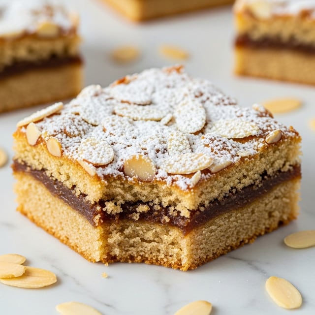 The image shows a close-up of a square piece of cake with three visible layers: a soft, crumbly light brown cake base, a middle layer with a slightly darker brown filling, and a top layer covered in sliced almonds dusted heavily with white powdered sugar. The cake piece has a bite taken out of one corner, revealing its moist texture. Around the cake are a few scattered almond slices on a white marbled surface. In the background, there are blurred pieces of more cake visible. photo taken with an iphone --ar 4:5 --v 7