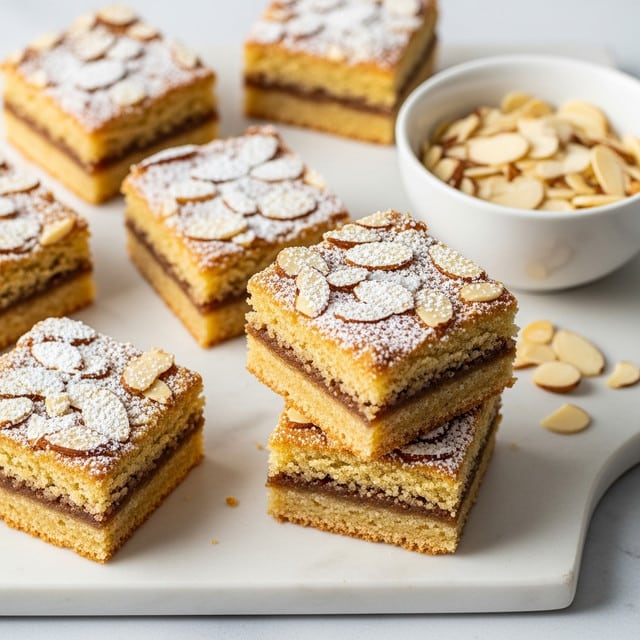 The image shows several almond cake bars arranged on a white marbled surface. Each bar has two visible layers: a soft, golden brown base and a slightly crumbly lighter top layer sprinkled with powdered sugar and thin almond slices. Some bars are stacked to showcase their texture, while a white bowl filled with sliced almonds is set nearby, with a few almond pieces scattered around. The overall look is warm and inviting, highlighting the moist and nutty texture of the cake bars. Photo taken with an iphone --ar 4:5 --v 7