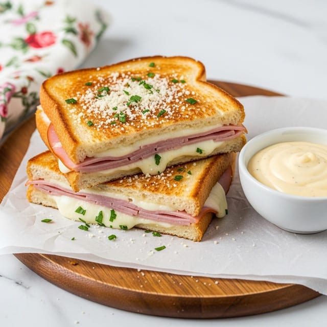 A toasted sandwich cut into two thick square layers, each layer showing melted white cheese and slices of light pink ham. The sandwich bread is golden brown with a crispy texture, sprinkled with grated white cheese and green herbs on top. The sandwich is placed on white parchment paper over a round wooden board. Next to it sits a small white bowl filled with creamy pale yellow sauce. The background is a white marbled surface with a floral cloth partially visible. Photo taken with an iphone --ar 4:5 --v 7