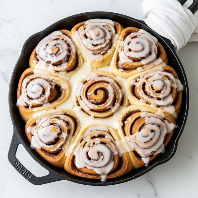 A large cinnamon roll in a black cast iron pan sits on a white marbled surface, covered generously with creamy white icing that drips down the sides. The roll has multiple thick layers of golden brown dough twisted tightly in a spiral pattern, with visible cinnamon sugar swirls on each layer. The icing adds a smooth, glossy texture that contrasts with the soft, fluffy bread underneath. A white cloth is wrapped around the pan handle, adding a cozy touch. photo taken with an iphone --ar 4:5 --v 7