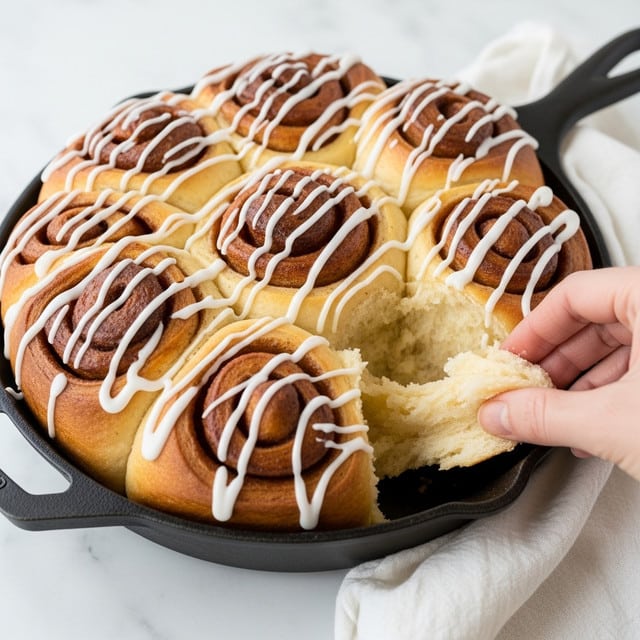 A large cinnamon roll with a golden brown top, covered in white icing drizzled unevenly, showing its glossy, soft texture. The roll is thick with many visible layers of dough, slightly pulled apart near the edge by a woman's hand, revealing fluffy, light creamy inside. It sits inside a dark cast-iron skillet placed on a white marbled surface with a white cloth nearby. The photo taken with an iphone --ar 4:5 --v 7