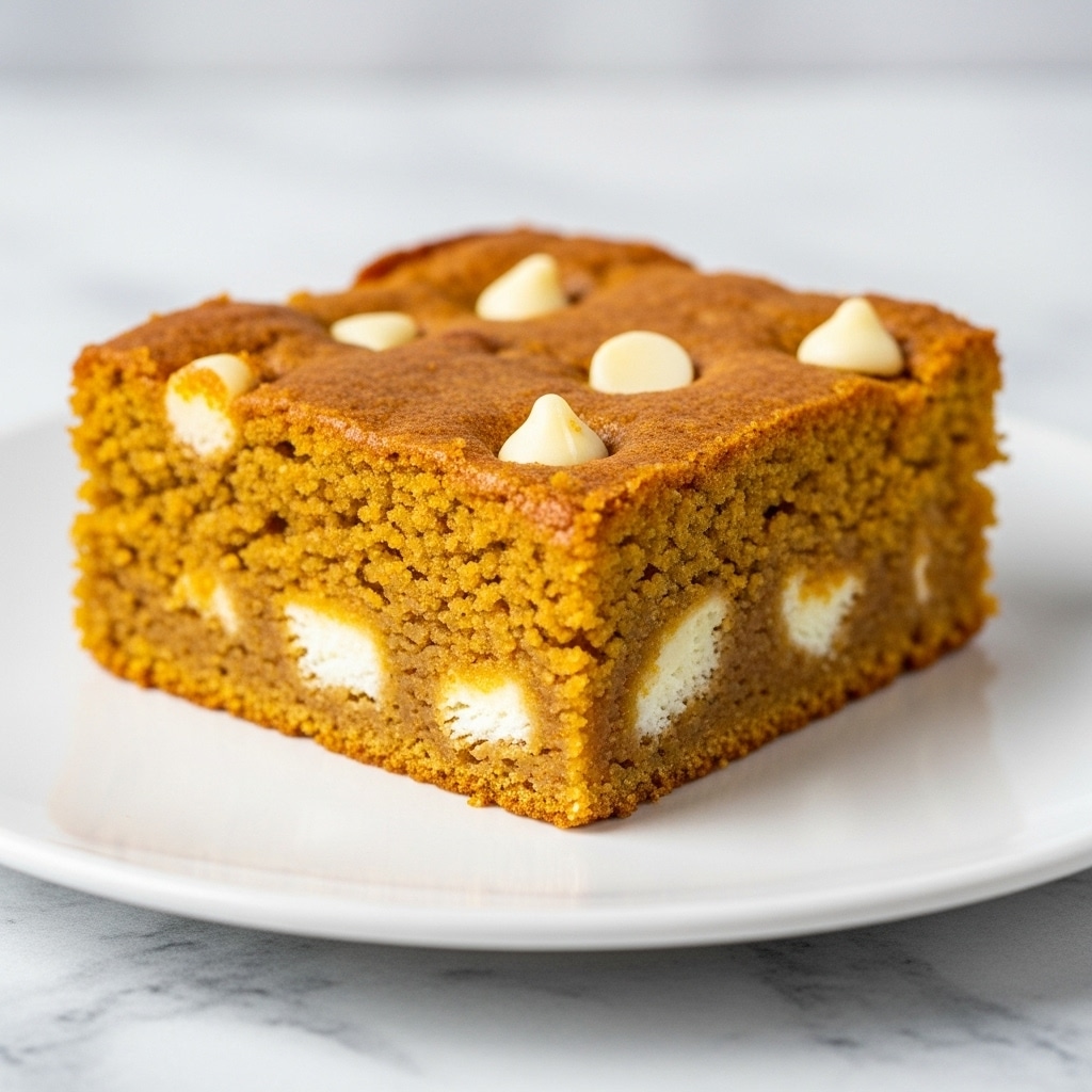 A square piece of pumpkin-colored cake with a crumbly texture sits on a white plate, showing small white chunks inside and several white chocolate chips embedded on the top layer. The cake looks moist and dense with a rough surface. The plate is on a white marbled textured surface with a blurred background. photo taken with an iphone --ar 4:5 --v 7