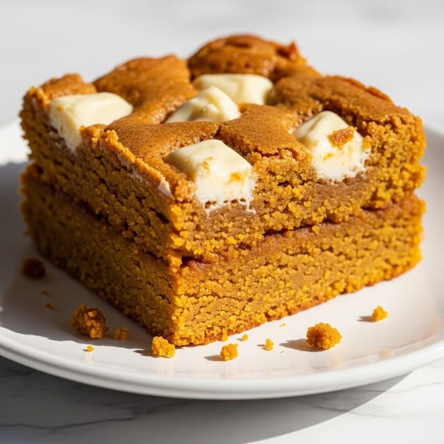 A close-up of a single square piece of thick, moist-looking pumpkin blondie on a white plate. The blondie has two visible layers: a dense, soft, orange-brown pumpkin base with a smooth texture, and a slightly cracked, golden-brown top dotted with large white chocolate chunks partially melted into the surface. Some small crumbs and tiny orange specks sit around the base on the plate. The plate rests on a white marbled surface with soft natural light coming from the side, emphasizing the rich warm colors and texture of the blondie. Photo taken with an iphone --ar 4:5 --v 7