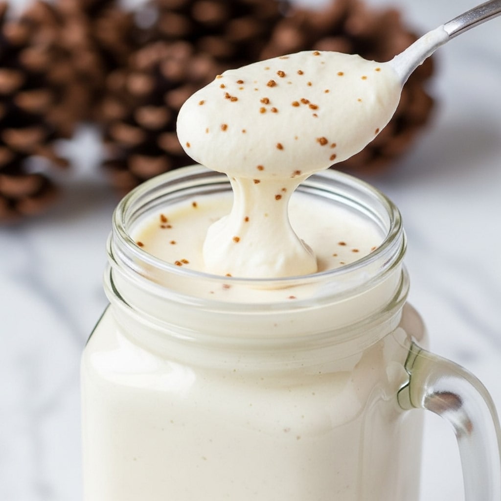A clear glass jar filled with a thick, creamy white substance, appearing smooth and slightly textured with small brown specks on the surface and on a spoon lifting some of the creamy mixture. The jar has a visible handle on the side, and the background shows a white marbled texture with blurred brown pinecones behind. photo taken with an iphone --ar 4:5 --v 7