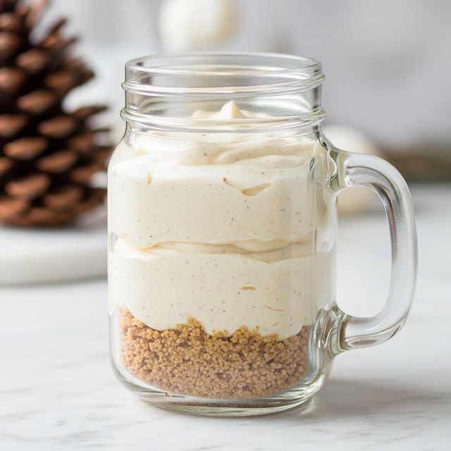 A clear glass jar with a handle holds a two-layer dessert placed on a white marbled surface. The bottom layer is a rough, crumbly light brown crust that fills about one-fifth of the jar. The top layer is thick, creamy, and smooth, off-white in color, filling the rest of the jar, dotted with tiny dark specks that look like vanilla. The background is softly blurred with a natural light feeling, showing a brown pine cone and some out-of-focus white elements. Photo taken with an iphone --ar 4:5 --v 7