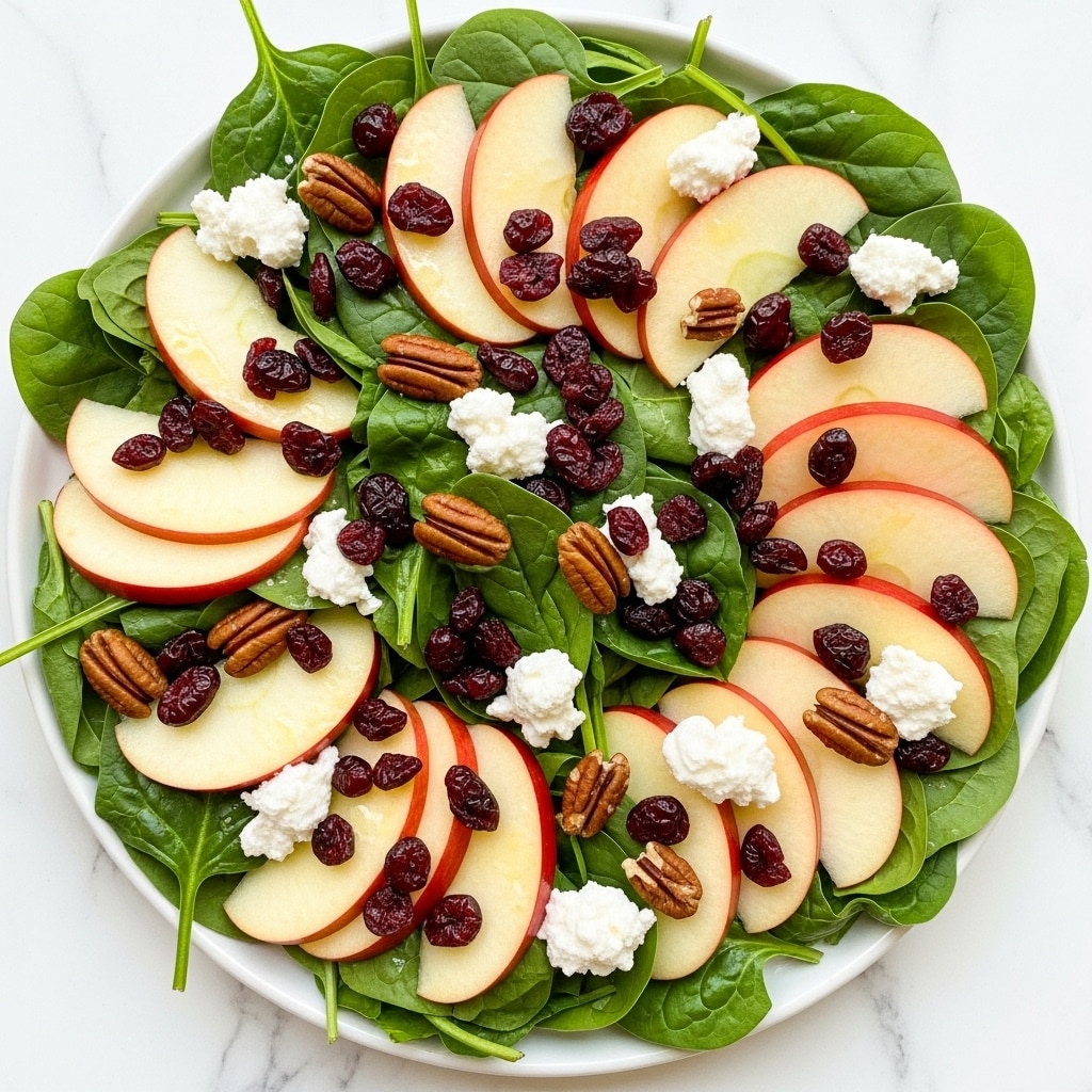 A fresh salad shown on a white plate with a white marbled texture underneath. The base layer is bright green spinach leaves with a slight glossy look. On top, there are thin slices of red-skinned apple with a light yellow inside, arranged evenly. Scattered over the salad are dark red dried cranberries, adding a chewy textured layer. There are also medium brown pecan halves spread throughout, giving a crunchy texture. Small white clumps of soft goat cheese are sprinkled over everything, adding a creamy texture and light color contrast. photo taken with an iphone --ar 4:5 --v 7