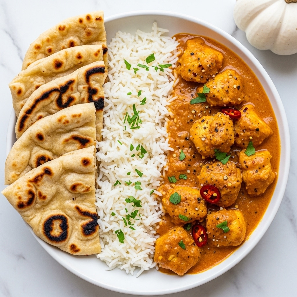 A white bowl holds three main layers: on the left side are folded pieces of soft, light brown naan bread with charred spots; in the middle is a mound of fluffy white rice sprinkled lightly with green herbs; on the right side are large chunks of chicken coated in a thick, creamy orange sauce with visible black pepper, red chili flakes, and green herb pieces, giving it a rich and textured look. The bowl rests on a white marbled surface with a white decorative pumpkin in the background. Photo taken with an iphone --ar 4:5 --v 7