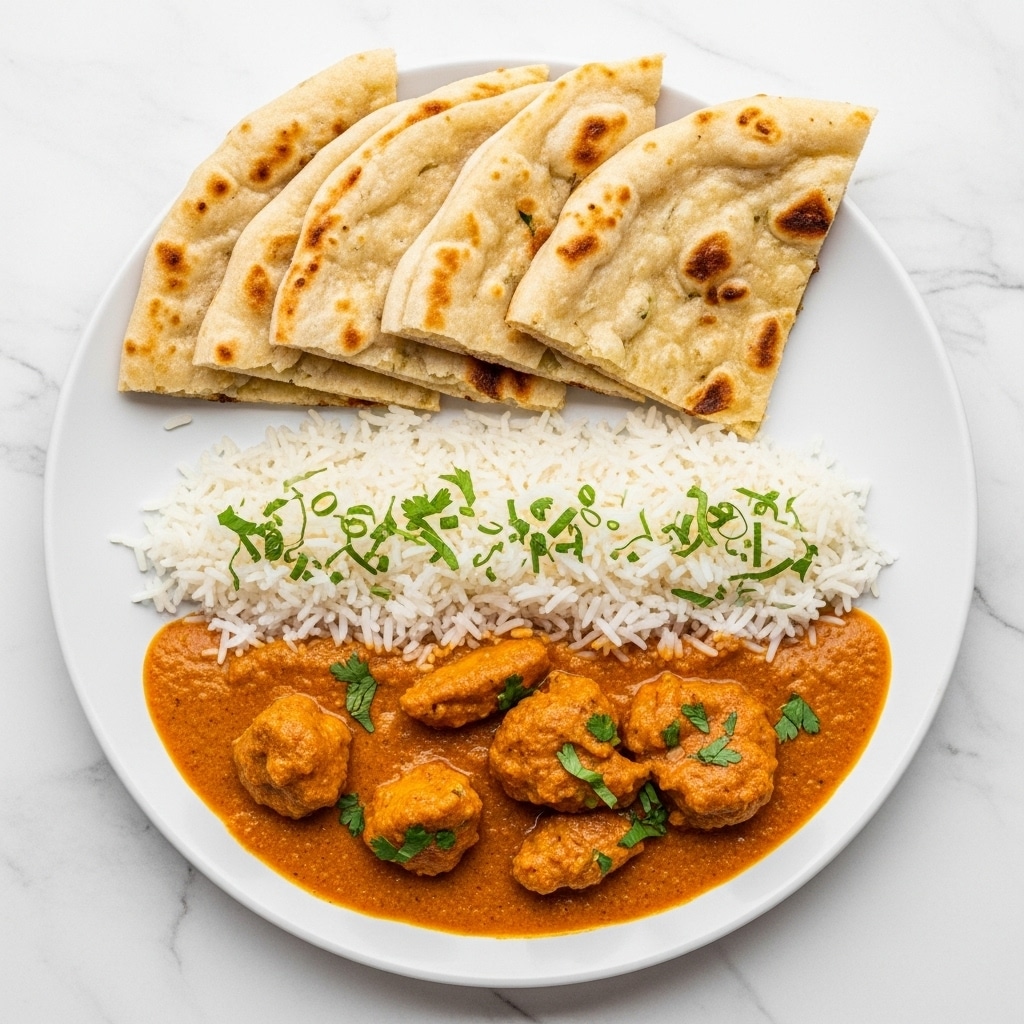 The dish is served on a white plate placed on a white marbled surface. It has three main parts arranged side by side. At the top, there are four folded pieces of flatbread with a light golden-brown color and soft texture. Below the bread, there is a mound of fluffy white rice sprinkled lightly with green herbs. At the bottom, there is a thick orange curry sauce with visible spices and green herb pieces, coating chunks of meat or vegetables. The colors create a warm and inviting look with a mix of white, orange, and green. photo taken with an iphone --ar 4:5 --v 7