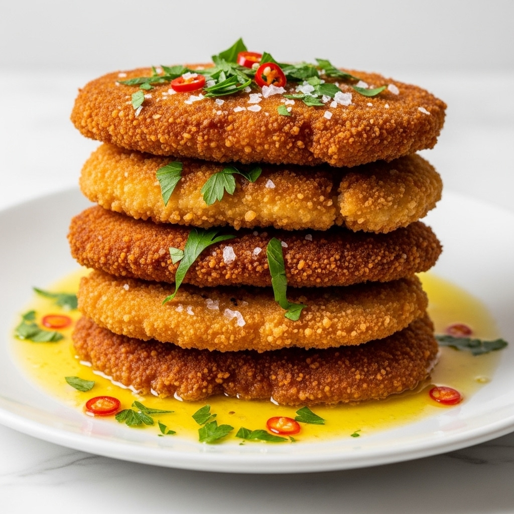 A stack of six golden brown, crispy fried cutlets with textured, uneven edges are arranged on a white plate, soaked slightly in a bright yellow buttery sauce. Each cutlet is topped with finely chopped dark green parsley, small bits of red chili flakes, and a light sprinkling of coarse white salt crystals, creating a colorful, fresh contrast against the crisp fried surface. The plate sits on a white marbled surface, enhancing the warm tones of the dish. photo taken with an iphone --ar 4:5 --v 7