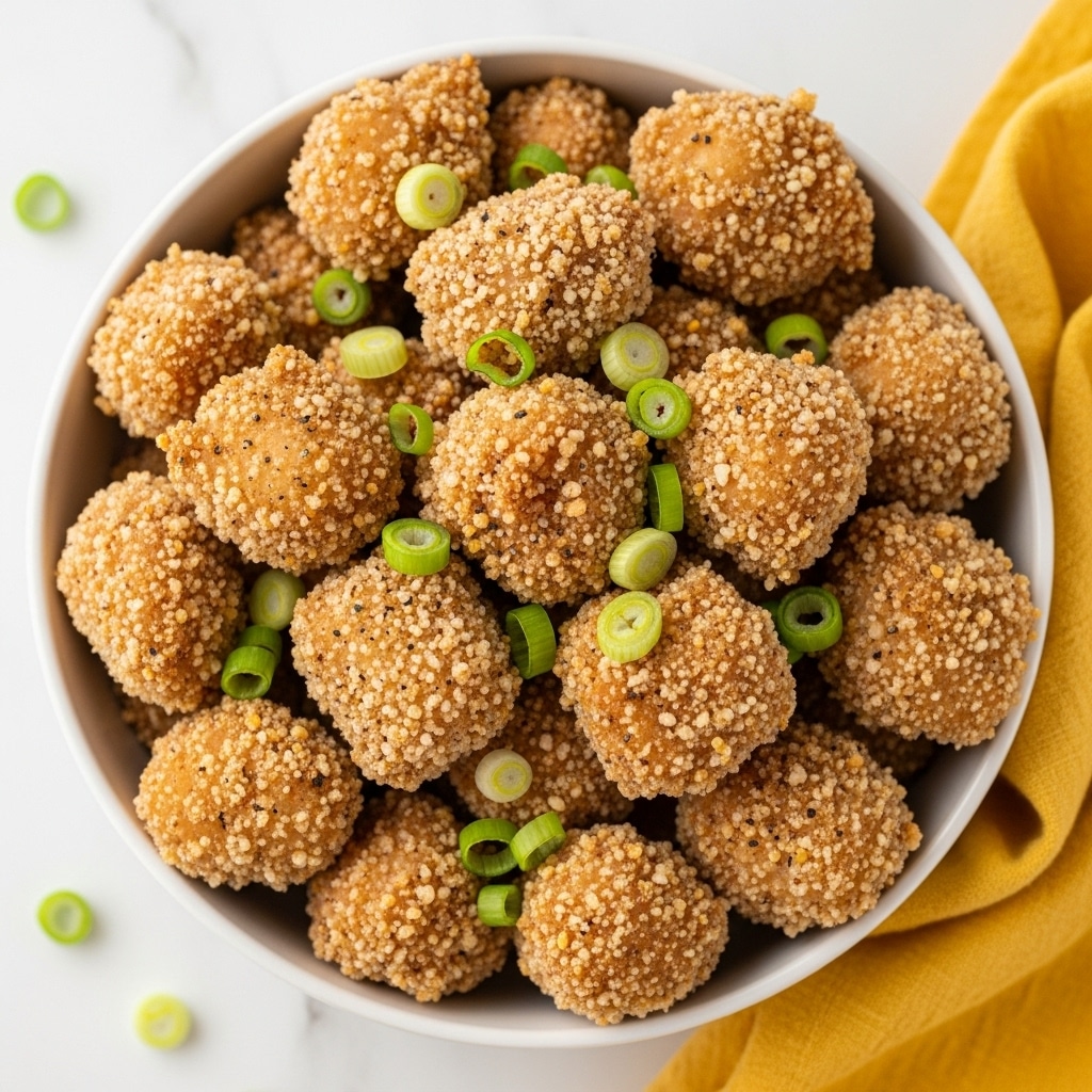 The image shows a white oval dish filled with many pieces of golden-brown fried chicken nuggets, each with a crispy and uneven textured coating. The chicken pieces vary in size and are irregularly shaped, some with darker, more cooked edges. Small bits of chopped green onions are scattered on top, adding a fresh green contrast. The dish sits on a yellow cloth with white stripes, all on a white marbled surface. Photo taken with an iphone --ar 4:5 --v 7