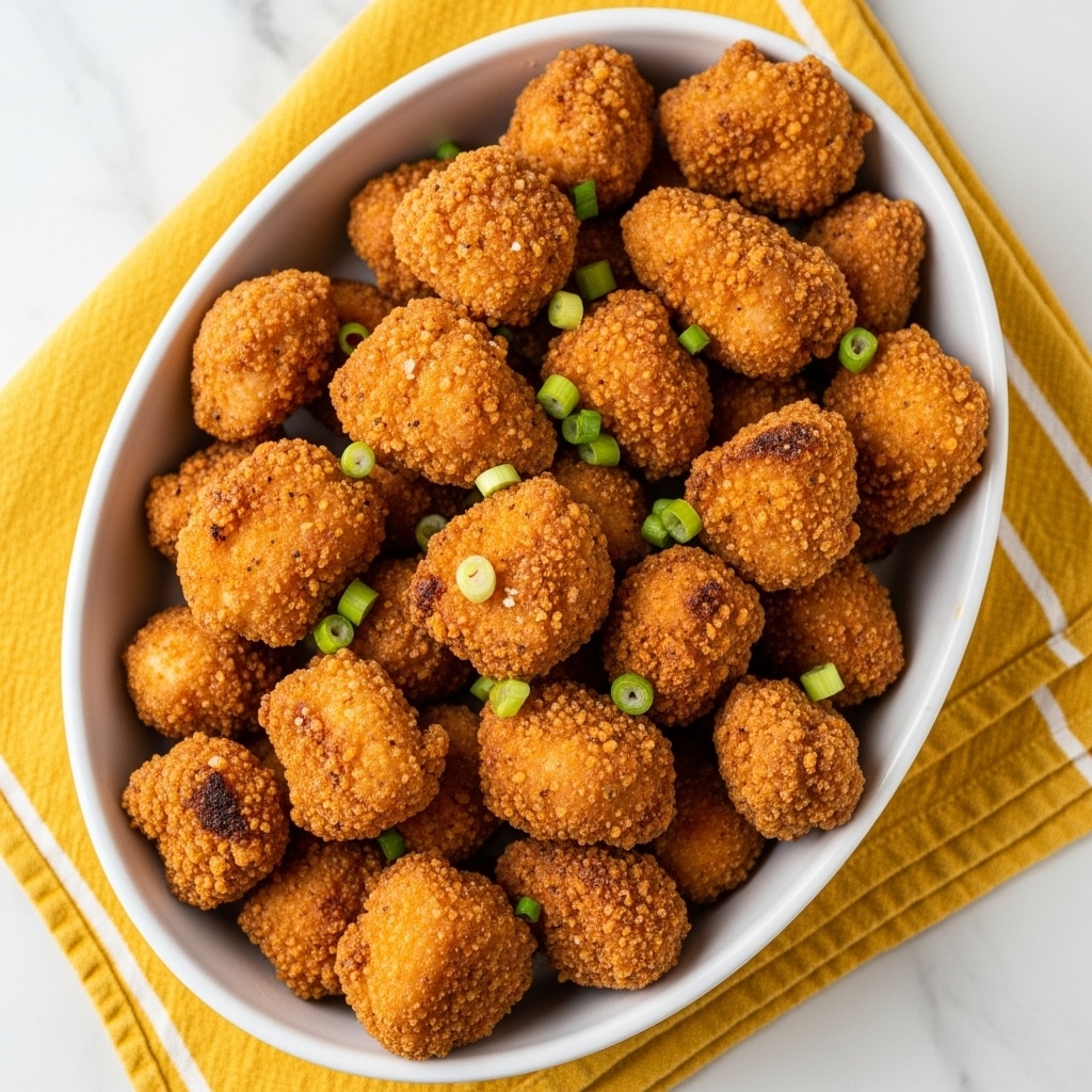 A white bowl filled with many pieces of crispy fried chicken bites that have a golden brown and light beige crunchy coating, each piece showing a rough textured surface with some darker fried spots and light seasoning of black pepper. Scattered on top are small chopped rounds of fresh bright green onions adding a touch of color contrast. The bowl sits on a white marbled surface, with a folded yellow cloth partially visible nearby. photo taken with an iphone --ar 4:5 --v 7