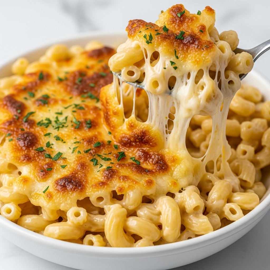 A close-up of macaroni and cheese with three layers visible: the top layer is golden brown with crispy, slightly burnt spots and scattered green herbs; beneath that is a thick layer of melted, gooey cheese stretching as a spoon lifts a portion, clinging to the curved pasta pieces; the bottom layer shows creamy cheese sauce coating the pale, soft elbow macaroni. The dish is served in a white bowl on a white marbled surface. photo taken with an iphone --ar 4:5 --v 7