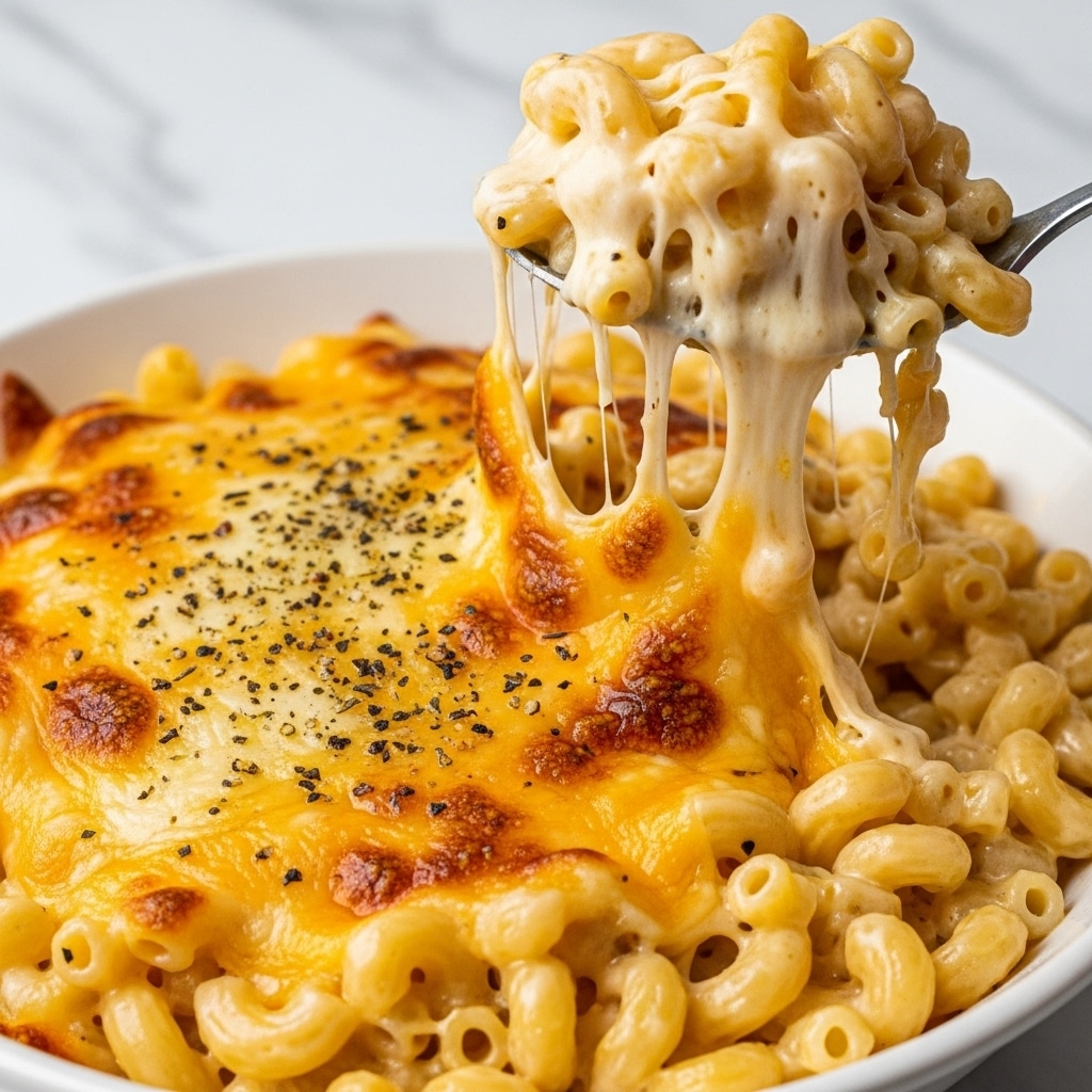 A close-up view of a creamy macaroni and cheese dish in a white bowl, showing a thick layer of melted, golden-brown cheese on top with specks of black pepper and herbs. The macaroni noodles underneath are covered in gooey, stretchy cheese with a rich, smooth texture, some parts toasted to a light crisp on the surface. A spoon lifts a portion, pulling strands of melted cheese and small macaroni curved shapes, highlighting the warm and cheesy feel. The background features a softly blurred white marbled texture. photo taken with an iphone --ar 4:5 --v 7
