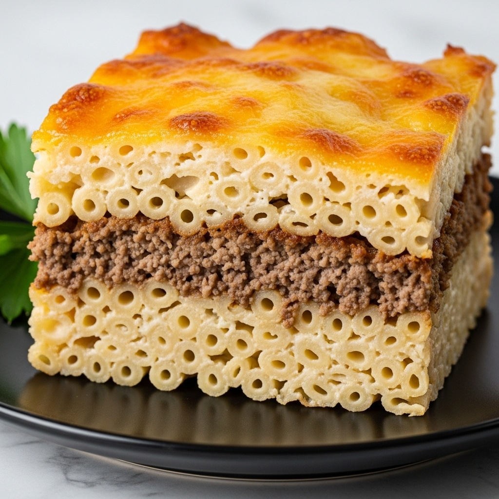 A close-up of a thick layered dish with three main layers: the bottom layer is pale yellow macaroni pasta with a creamy texture, the middle layer is brown ground meat, and the top layer is melted orange cheddar cheese that is bubbly and slightly browned. The macaroni peeks out from the sides, mixing with bits of cheese. The dish sits on a white plate, with some green parsley leaves partially visible at the bottom, all set against a smooth white marbled background. Photo taken with an iphone --ar 4:5 --v 7