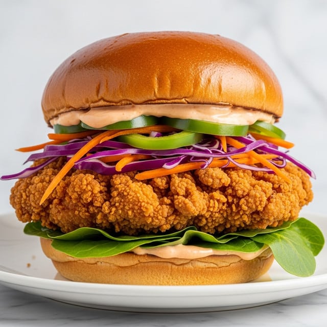 A large sandwich is shown with four main layers visible: the top layer is a shiny brown toasted bun with a smooth texture; beneath it is a creamy light orange sauce spread evenly; next is a mix of thinly sliced green bell peppers, purple cabbage, and orange carrots adding fresh crunchy texture; the main layer features a thick piece of crispy deep golden brown fried chicken with a rough, crunchy coating; at the bottom, there is a layer of fresh green leafy lettuce resting on a toasted golden brown bun that forms the base. The sandwich sits on a white plate on a white marbled surface. photo taken with an iphone --ar 4:5 --v 7