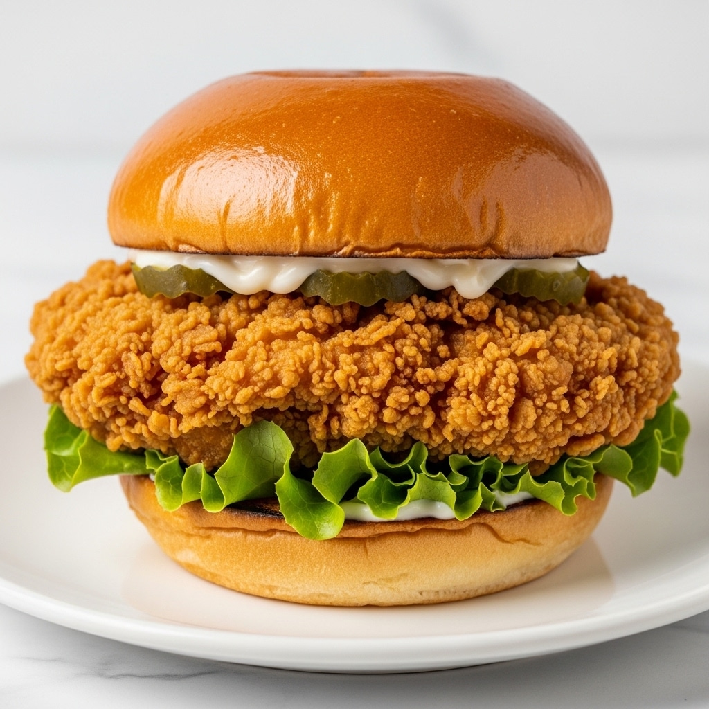 A close-up of a fried chicken sandwich placed on a white plate, resting on a white marbled surface. The sandwich has a shiny, golden-brown toasted bun on top and bottom. Inside, the bottom bun is layered with fresh, green leafy lettuce, followed by a thick, crispy fried chicken piece with a crunchy, uneven texture in golden brown. Above the chicken, there are creamy mayonnaise and a few green pickles visible, topped off by the shiny, soft bun. The sandwich looks juicy and fresh. Photo taken with an iphone --ar 4:5 --v 7