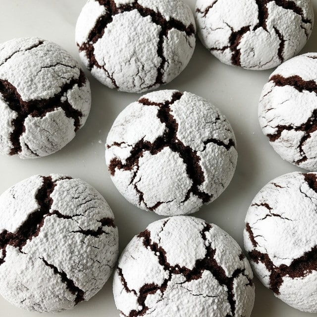 The image shows seven round chocolate cookies arranged closely together on a white marbled surface. Each cookie has a cracked top layer covered in thick white powdered sugar, creating a bold contrast with the dark brown chocolate dough underneath. The powdered sugar sits unevenly, revealing rich, moist chocolate cracks and rough texture on the surface. The cookies appear soft and chewy, with a slightly crispy edge. photo taken with an iphone --ar 4:5 --v 7