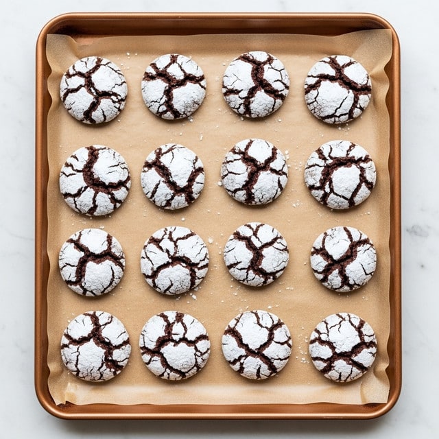 A copper-colored baking tray holds twelve round chocolate crinkle cookies evenly spaced in three rows and four columns. Each cookie is dark brown with a cracked surface showing irregular white powdered sugar patterns on top. The tray is lined with light brown parchment paper, and it rests on a white marbled surface. photo taken with an iphone --ar 4:5 --v 7