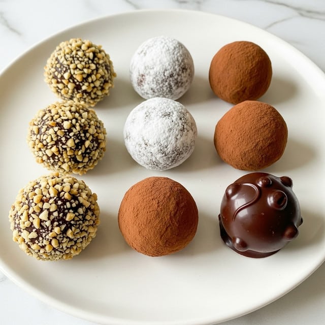 The image shows a collection of round chocolate truffles neatly placed on a white plate with a smooth surface and rounded edges. There are four types of truffles: one type is coated in finely chopped light tan nuts over a dark chocolate base, another is dusted with a white powder, likely powdered sugar, covering dark chocolate beneath, a third type is wrapped with a rich brown cocoa powder giving a velvety texture, and the last type has a glossy smooth dark chocolate shell with a few subtle bumps. The truffles are spaced evenly on a white marbled surface that forms the background. photo taken with an iphone --ar 4:5 --v 7
