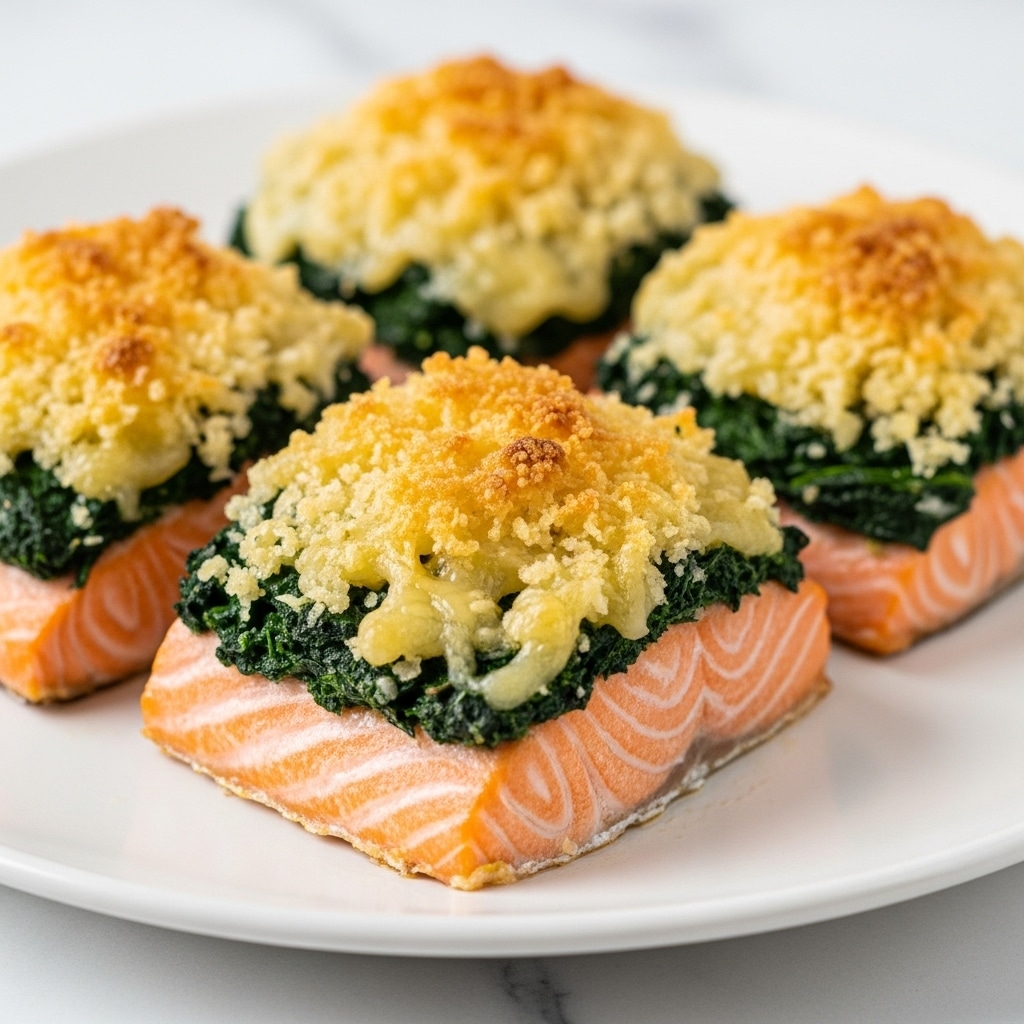 A close-up of four cooked salmon fillets arranged in a white tray lined with white parchment paper. Each fillet has three visible layers: the bottom layer is pink-orange salmon with a moist texture, the middle layer is dark green cooked spinach, and the top layer is melted creamy cheese with a golden brown, bubbly, and slightly crispy surface. The background shows the other three salmon pieces slightly out of focus on the same white marbled textured tray. photo taken with an iphone --ar 4:5 --v 7